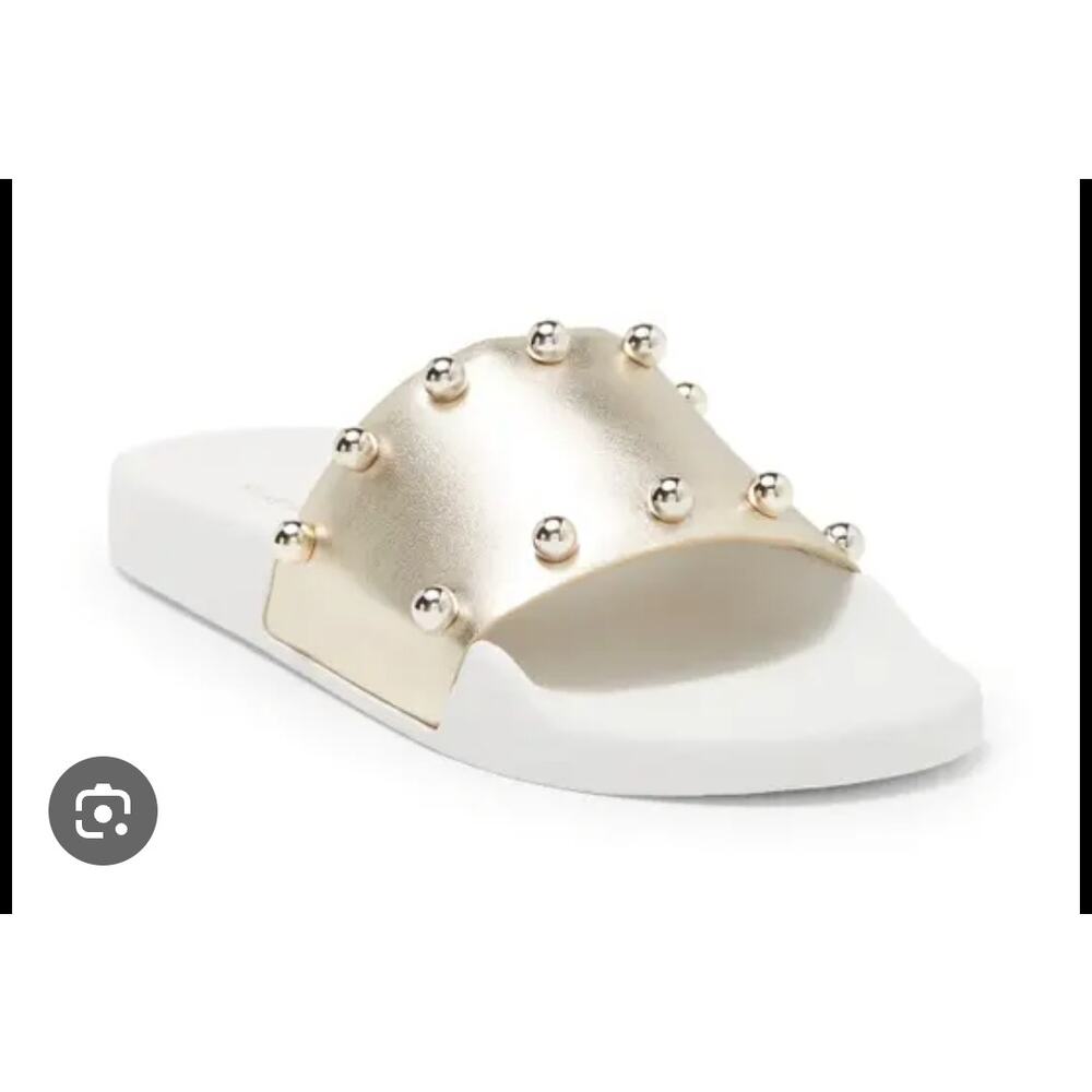 Stuart Weitzman Superstud Pool Slide Sandals Gold… - image 1